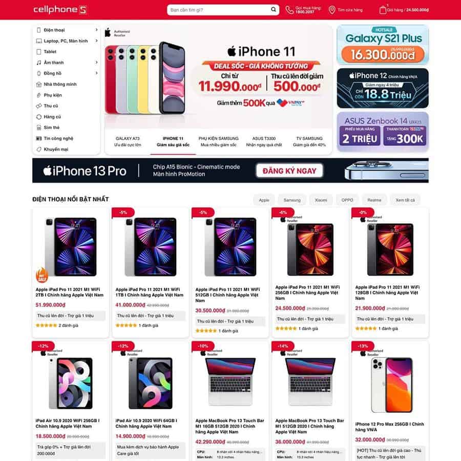 Mẫu thiết kế website bán điện thoại, laptop, phụ kiện giống CellphoneS