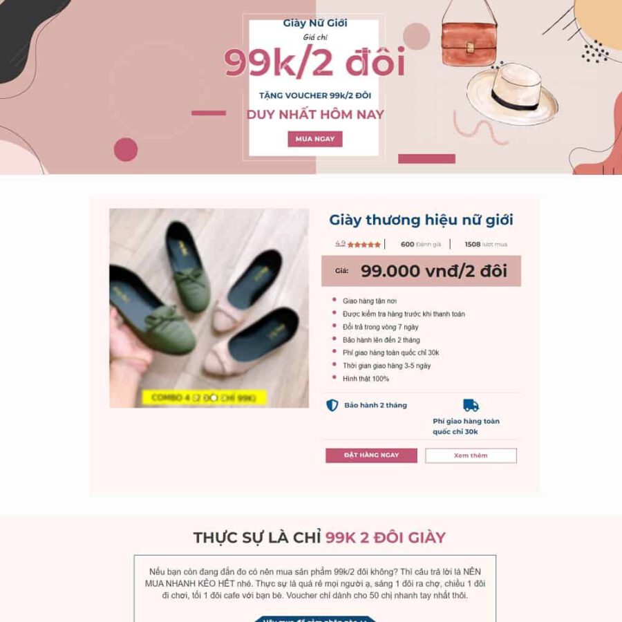 Mẫu thiết kế website Landing Page bán giày, dép nữ
